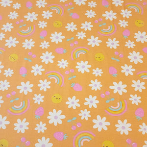 Cotton Knit Jersey Fabric, Summer Sunshine Flower Print, Children's Apparel, European Sourced Fabric, 4 Way Stretch, Sold by the 1/2 yard