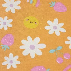 Cotton Knit Jersey Fabric, Summer Sunshine Flower Print, Children's Apparel, European Sourced Fabric, 4 Way Stretch, Sold by the 1/2 yard