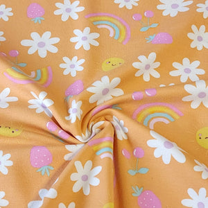 Cotton Knit Jersey Fabric, Summer Sunshine Flower Print, Children's Apparel, European Sourced Fabric, 4 Way Stretch, Sold by the 1/2 yard