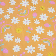 Load image into Gallery viewer, Cotton Knit Jersey Fabric, Summer Sunshine Flower Print, Children&#39;s Apparel, European Sourced Fabric, 4 Way Stretch, Sold by the 1/2 yard
