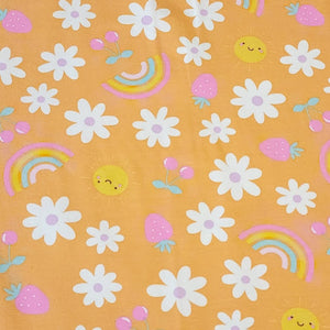 Cotton Knit Jersey Fabric, Summer Sunshine Flower Print, Children's Apparel, European Sourced Fabric, 4 Way Stretch, Sold by the 1/2 yard