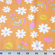 Load image into Gallery viewer, Cotton Knit Jersey Fabric, Summer Sunshine Flower Print, Children&#39;s Apparel, European Sourced Fabric, 4 Way Stretch, Sold by the 1/2 yard
