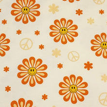 Load image into Gallery viewer, Cotton Knit Jersey Fabric, Cute Summer Smiley Flower Print, Children&#39;s Apparel, European Sourced Fabric, 4 Way Stretch, Sold by the 1/2 yard
