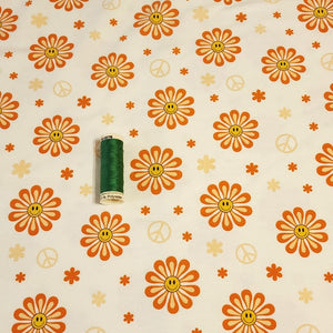 Cotton Knit Jersey Fabric, Cute Summer Smiley Flower Print, Children's Apparel, European Sourced Fabric, 4 Way Stretch, Sold by the 1/2 yard