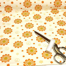 Load image into Gallery viewer, Cotton Knit Jersey Fabric, Cute Summer Smiley Flower Print, Children&#39;s Apparel, European Sourced Fabric, 4 Way Stretch, Sold by the 1/2 yard
