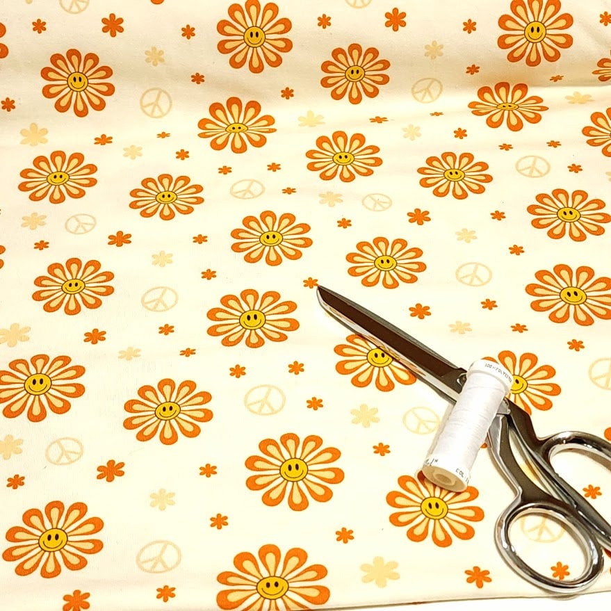 Cotton Knit Jersey Fabric, Cute Summer Smiley Flower Print, Children's Apparel, European Sourced Fabric, 4 Way Stretch, Sold by the 1/2 yard