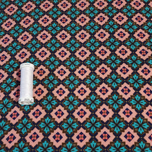 Load image into Gallery viewer, Rayon Challis Fabric, Pretty Pink and Teal Geometric Floral. Light and Flowy Fabric. 100% Rayon Woven Fabric. Sold by the 1/2 yard
