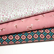 Load image into Gallery viewer, Rayon Challis Fabric, Pretty Pink and Teal Geometric Floral. Light and Flowy Fabric. 100% Rayon Woven Fabric. Sold by the 1/2 yard
