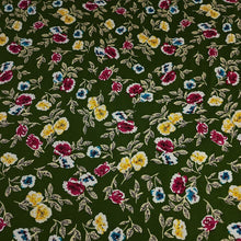 Load image into Gallery viewer, Rayon Challis Fabric, Green Challis With a Sweet Yellow Floral Print. Light and Flowy Fabric. 100% Rayon Woven Fabric. Sold by the 1/2 yard
