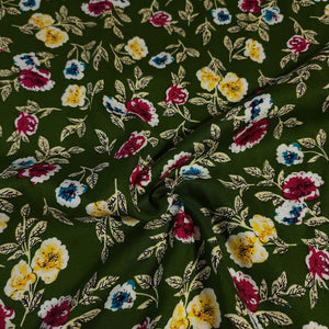 Rayon Challis Fabric, Green Challis With a Sweet Yellow Floral Print. Light and Flowy Fabric. 100% Rayon Woven Fabric. Sold by the 1/2 yard