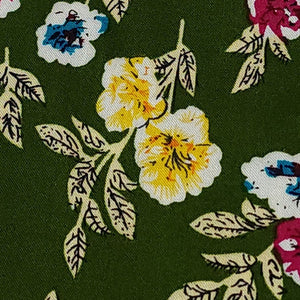 Rayon Challis Fabric, Green Challis With a Sweet Yellow Floral Print. Light and Flowy Fabric. 100% Rayon Woven Fabric. Sold by the 1/2 yard