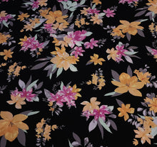 Load image into Gallery viewer, Rayon Challis Fabric, Black Challis with Yellow Tropical Floral Print. Light and Flowy Fabric. 100% Rayon Woven Fabric. Sold by the 1/2 yard
