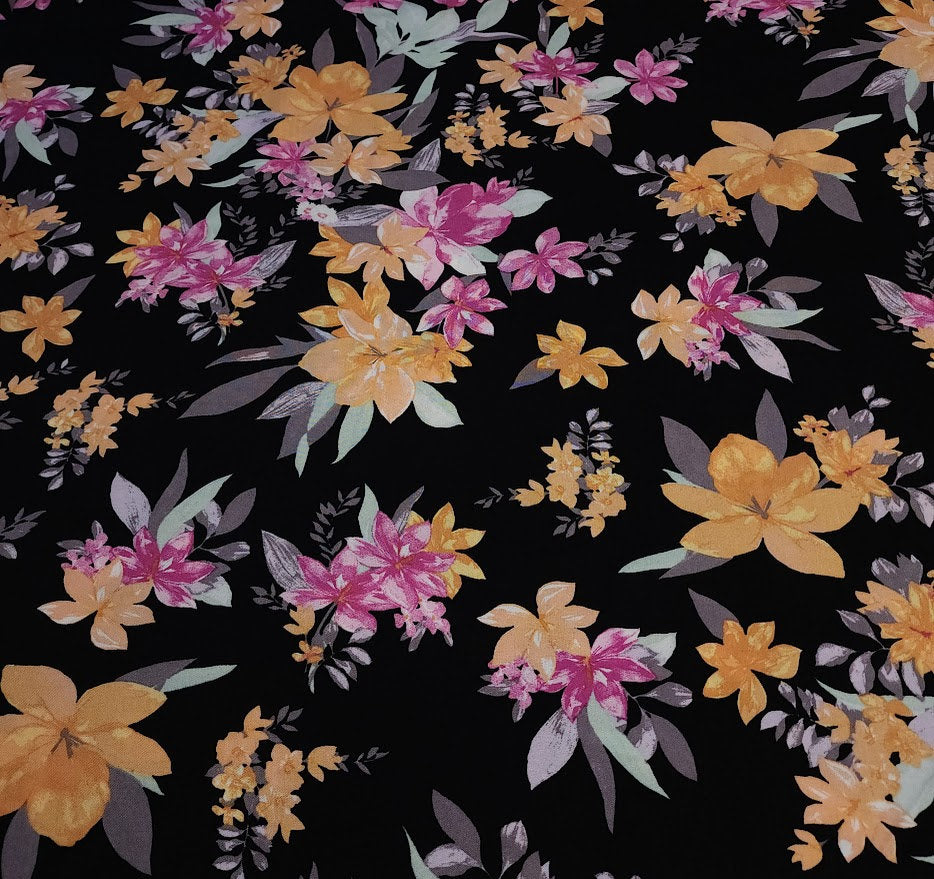 Rayon Challis Fabric, Black Challis with Yellow Tropical Floral Print. Light and Flowy Fabric. 100% Rayon Woven Fabric. Sold by the 1/2 yard