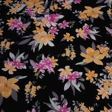 Load image into Gallery viewer, Rayon Challis Fabric, Black Challis with Yellow Tropical Floral Print. Light and Flowy Fabric. 100% Rayon Woven Fabric. Sold by the 1/2 yard
