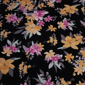 Rayon Challis Fabric, Black Challis with Yellow Tropical Floral Print. Light and Flowy Fabric. 100% Rayon Woven Fabric. Sold by the 1/2 yard