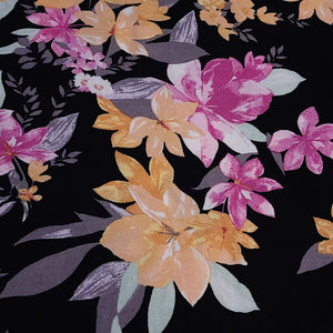 Rayon Challis Fabric, Black Challis with Yellow Tropical Floral Print. Light and Flowy Fabric. 100% Rayon Woven Fabric. Sold by the 1/2 yard