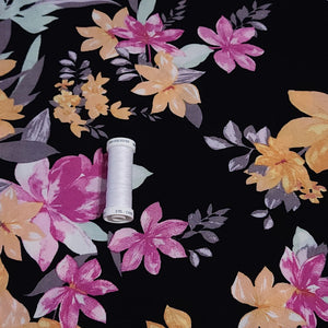 Rayon Challis Fabric, Black Challis with Yellow Tropical Floral Print. Light and Flowy Fabric. 100% Rayon Woven Fabric. Sold by the 1/2 yard