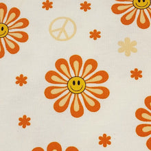 Load image into Gallery viewer, Cotton Knit Jersey Fabric, Cute Summer Smiley Flower Print, Children&#39;s Apparel, European Sourced Fabric, 4 Way Stretch, Sold by the 1/2 yard
