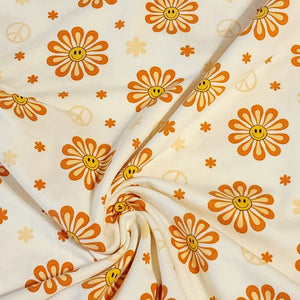 Cotton Knit Jersey Fabric, Cute Summer Smiley Flower Print, Children's Apparel, European Sourced Fabric, 4 Way Stretch, Sold by the 1/2 yard