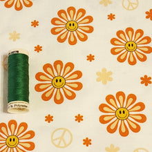 Load image into Gallery viewer, Cotton Knit Jersey Fabric, Cute Summer Smiley Flower Print, Children&#39;s Apparel, European Sourced Fabric, 4 Way Stretch, Sold by the 1/2 yard
