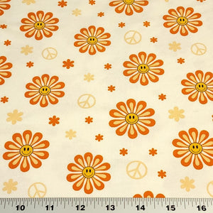 Cotton Knit Jersey Fabric, Cute Summer Smiley Flower Print, Children's Apparel, European Sourced Fabric, 4 Way Stretch, Sold by the 1/2 yard