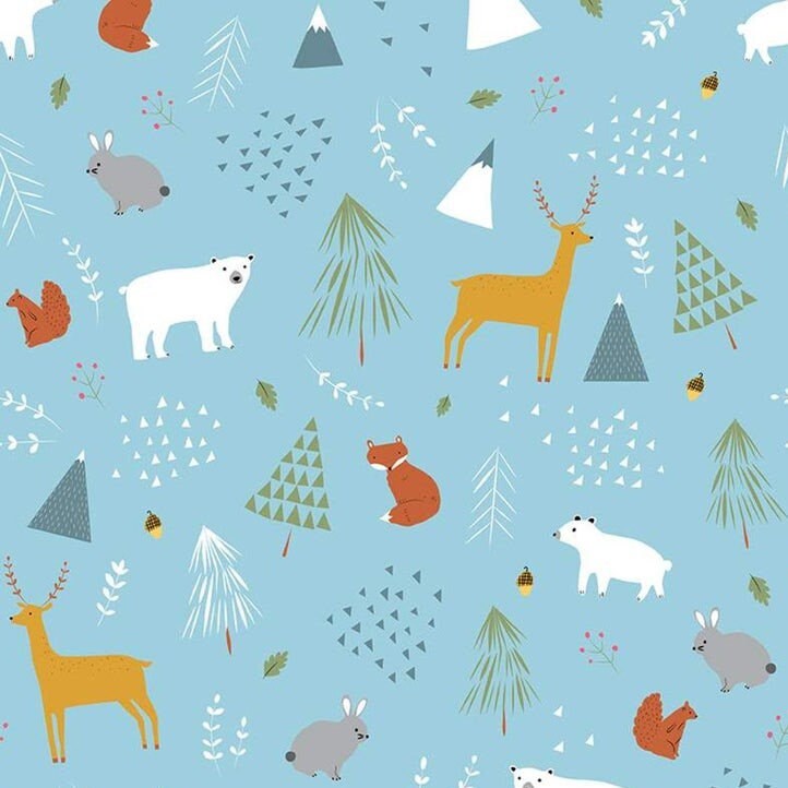 Flannel Fabric, Forest Animal Blue by Riley Blake. Adorable and Soft,  Bear's, Deer, Fox and Rabbit's! Nice Quality. Sold by the 1/2 yard.