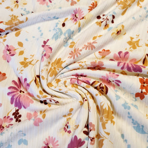 Ribbed Knit Fabric, 4 way Stretch, Beautiful Ivory with Pink and Blue Floral Print, Soft and Flowy Fabric, 8x3 Rib, Sold by the Half Yard