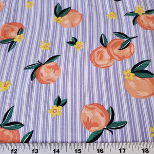 Double Brushed Poly Fabric, DBP, A Fun Coral Orange Peaches with lavender stripes, 4-Way Stretch, 58/60 inch wide, Sold by the 1/2 yard