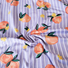 Load image into Gallery viewer, Double Brushed Poly Fabric, DBP, A Fun Coral Orange Peaches with lavender stripes, 4-Way Stretch, 58/60 inch wide, Sold by the 1/2 yard
