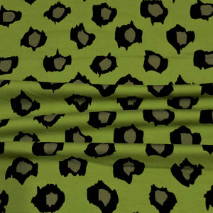 Cotton Spandex Knit Jersey Fabric, Riley Blake, Green and Black Leopard Print, Quality Stretch Knit, 4 Way Stretch, Sold by the 1/2 Yard