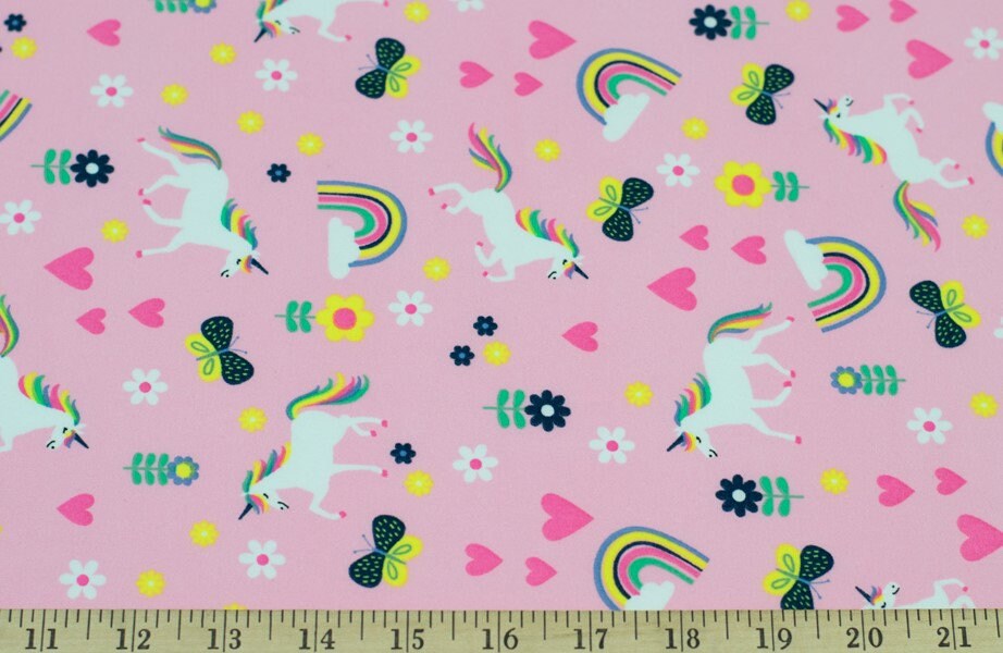 Double Brushed Poly Fabric, DBP, Pink Unicorn Rainbow Fabric, Soft, Fun, and Pink Fabric,  4-Way Stretch Fabric, Sold by the 1/2 yard