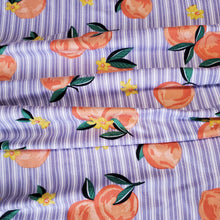 Load image into Gallery viewer, Double Brushed Poly Fabric, DBP, A Fun Coral Orange Peaches with lavender stripes, 4-Way Stretch, 58/60 inch wide, Sold by the 1/2 yard
