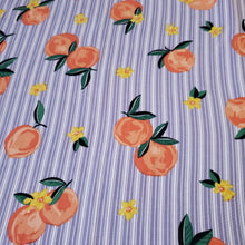 Load image into Gallery viewer, Double Brushed Poly Fabric, DBP, A Fun Coral Orange Peaches with lavender stripes, 4-Way Stretch, 58/60 inch wide, Sold by the 1/2 yard
