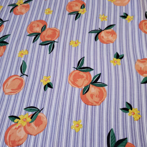 Double Brushed Poly Fabric, DBP, A Fun Coral Orange Peaches with lavender stripes, 4-Way Stretch, 58/60 inch wide, Sold by the 1/2 yard