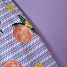 Load image into Gallery viewer, Double Brushed Poly Fabric, DBP, A Fun Coral Orange Peaches with lavender stripes, 4-Way Stretch, 58/60 inch wide, Sold by the 1/2 yard
