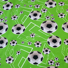 Load image into Gallery viewer, Cotton Spandex Euro Knit Fabric: Soccer Ball on Neon Green Geometric Design, Excellent Quality Fabric, 4-way stretch . Sold by the 1/2 yard.
