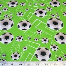 Load image into Gallery viewer, Cotton Spandex Euro Knit Fabric: Soccer Ball on Neon Green Geometric Design, Excellent Quality Fabric, 4-way stretch . Sold by the 1/2 yard.
