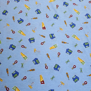 Cotton Blend Stretch Knit T-Shirt Fabric, Construction Tools on Blue, Great for T-shirts and more. 2-way stretch. Sold by the 1/2 yard