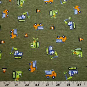 Construction Trucks Knit Fabric, Dump Truck and Excavator Fabric, Cotton Blend T-Shirt Knit, Soft feel, 2-way stretch.  Sold by the 1/2 yard