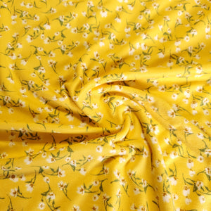 Double Brushed Poly, White floral print on Yellow, DBP Knit Fabric. Very Pretty and So Soft, 4-Way Stretch, Sold by the 1/2 yard