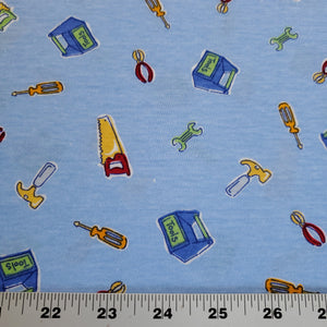 Cotton Blend Stretch Knit T-Shirt Fabric, Construction Tools on Blue, Great for T-shirts and more. 2-way stretch. Sold by the 1/2 yard