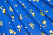 Load image into Gallery viewer, Cotton Stretch Knit Jersey Fabric, Construction Trucks on Blue, Soft feel and Nice Drape. 2-way stretch.  Sold by the 1/2 yard
