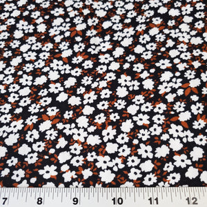 Double Brushed Polyester Knit Fabric, DBP, 4-Way Stretch, Black with White and Rust Dainty Floral, Soft and Versatile, Sold by the 1/2 yard