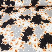 Load image into Gallery viewer, Double Brushed Polyester Knit Fabric, DBP, 4-Way Stretch, Rust Floral and Dots in Black and Gray, Soft and Versatile, Sold by the 1/2 yard
