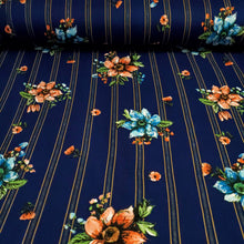 Load image into Gallery viewer, Double Brushed Polyester Knit Fabric, DBP, 4-Way Stretch, Royal Blue, Coral, and Teal Blue Floral, Soft and Versatile, Sold by the 1/2 yard
