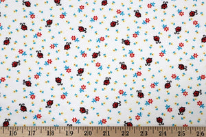 Double Brushed Poly, DBP Knit Fabric, Little Red Ladybug Floral Print on White, Very Cute and So Soft and Comfortable, Sold by the 1/2 yard