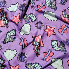 Load image into Gallery viewer, Double Brushed Poly, DBP, Fun Mermaid Knit Fabric, Purple, Pink, Blue on Lavender, 4-Way Stretch, 58/60 inch wide, Sold by the 1/2 yard
