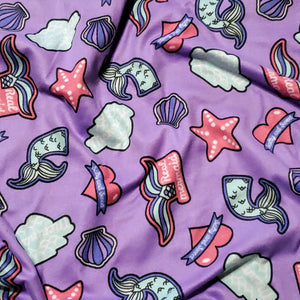 Double Brushed Poly, DBP, Fun Mermaid Knit Fabric, Purple, Pink, Blue on Lavender, 4-Way Stretch, 58/60 inch wide, Sold by the 1/2 yard