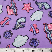 Load image into Gallery viewer, Double Brushed Poly, DBP, Fun Mermaid Knit Fabric, Purple, Pink, Blue on Lavender, 4-Way Stretch, 58/60 inch wide, Sold by the 1/2 yard
