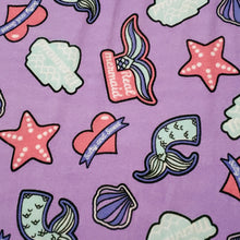 Load image into Gallery viewer, Double Brushed Poly, DBP, Fun Mermaid Knit Fabric, Purple, Pink, Blue on Lavender, 4-Way Stretch, 58/60 inch wide, Sold by the 1/2 yard
